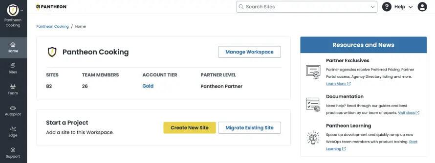 A screenshot of the Pantheon dashboard.