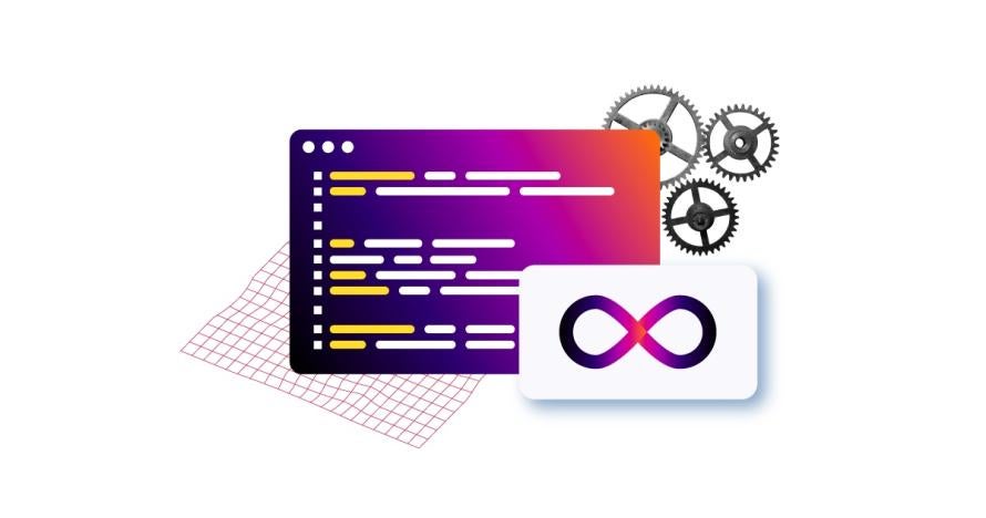 A collage of an infinity sign against a website page and turning gears.