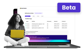 A mockup of the Pantheon dashboard featuring a woman with a laptop and Beta sign in the top right corner. 