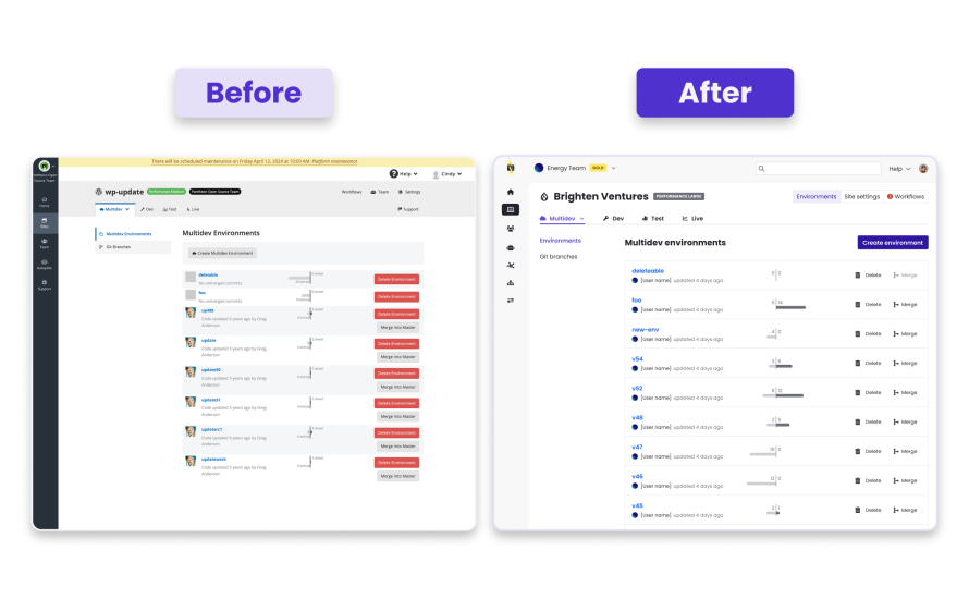 A stylized screenshot featuring the before and after look of Pantheon's dashboard. 