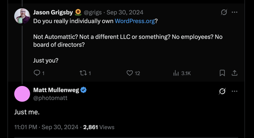 Screenshot of a conversation on X in which Matt Mullenweg says he solely owns WordPress.org
